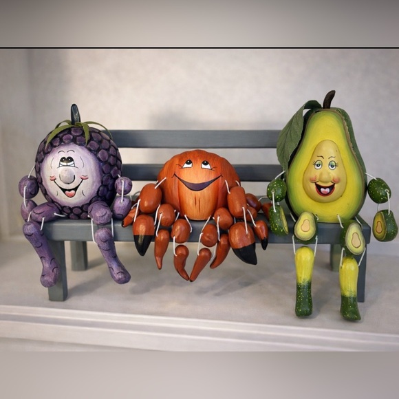 Artist Wooden Fruits & Veggies on a Bench